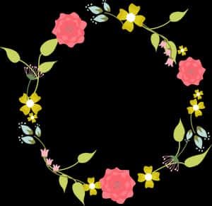 Circular floral wreath with pink roses yellow flowers and green leaves on black background. — Flowers PNG
