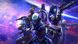 Futuristic space soldiers in glowing armor holding weapons against a cosmic nebula. — Galaxy Wallpaper