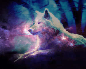 A white wolf in a cosmic nebula with stars and glowing clouds. — Galaxy Wolves Wallpaper