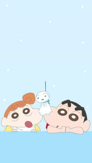 To tegneseriebarn som titter på et spøkelse i en snøscene. — Shin Chan Tegneserie Bakgrunner
