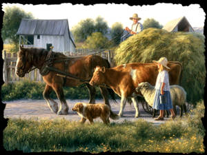 Farmer with horse cart and girl with sheep in sunny countryside.