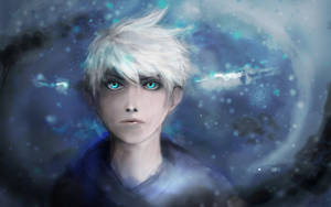 Young anime character with white hair and glowing blue eyes in a cosmic blue swirl. — Fantasy Wallpaper
