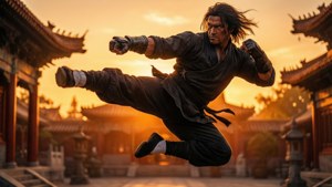 Martial artist performing a high kick in front of traditional Asian buildings at sunset. — Tekken Wallpaper