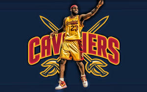 LeBron James in Cavaliers jersey jumping with team logo behind him.