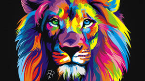 A colorful digital artwork of a lion with rainbow fur and glowing eyes.