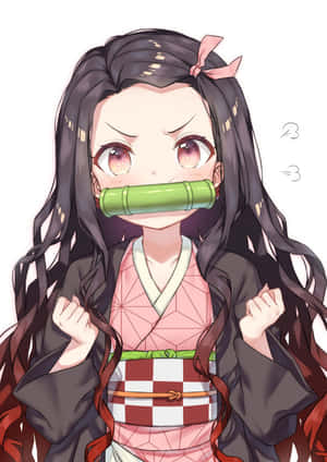 Anime girl in kimono with bamboo gag clenches fists — Demon Slayer Picture