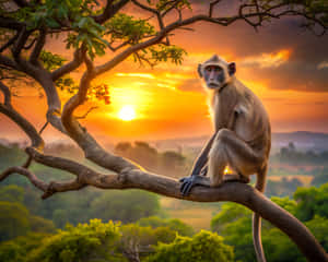 Monkey perched on tree branch during sunset over forested valley — Rainforest Wallpaper