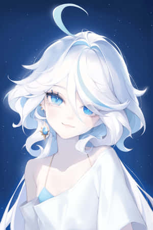 Anime-jente med hvitt hår og blå øyne under en stjerneklar nattehimmel med halvmåne. — Anime Jente Bakgrunner
