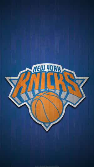 New York Knicks basketball team logo on blue wooden court background. — NBA Wallpaper