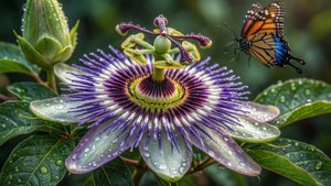 A monarch butterfly hovers near a dew-covered passionflower with intricate purple and white petals. — Rainforest Wallpaper