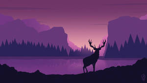 A deer silhouette at twilight by a lake with purple mountains and pine trees. — Deco Picture