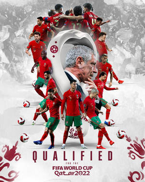 Portugal national football team celebrates World Cup qualification with coach portrait and players in action. — Art Picture