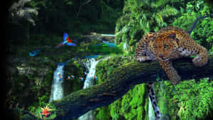 Jaguar perched on mossy branch above jungle waterfall with colorful birds flying. — Rainforest Wallpaper