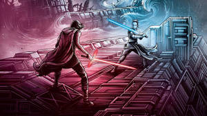 Two lightsaber duelists battle on a space station platform with cosmic energy swirling behind them. — Skywalker Wallpaper