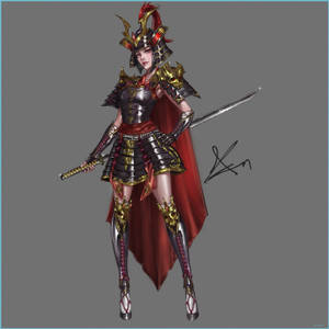 Female samurai in detailed armor holding a sword with red cape — Samurai Art Wallpaper