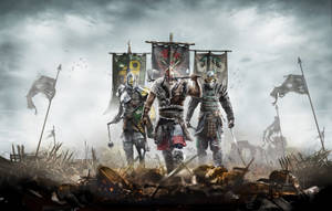 Three armored warriors stand on a battlefield with broken spears and flags in a stormy sky. — Samurai Art Wallpaper