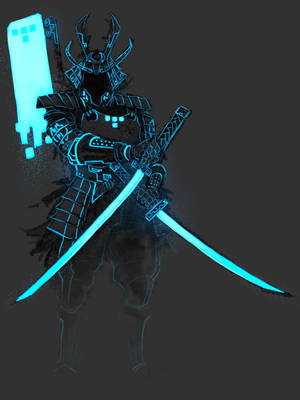 Neon blue samurai warrior with glowing swords and armor on dark background. — Samurai Art Wallpaper