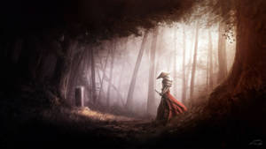 Samurai warrior in red cloak stands alone in a misty forest with sunlight filtering through trees. — Samurai Art Wallpaper