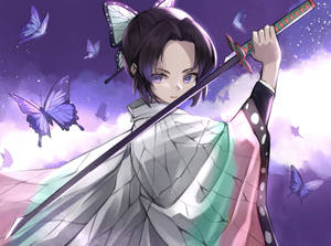 Anime girl with butterfly wings holding a sword in a purple sky with butterflies. — Samurai Art Wallpaper