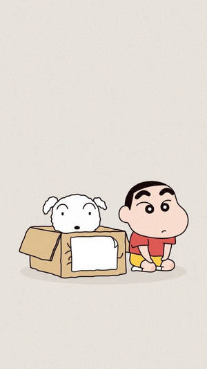 Crayon Shin-chan og hunden hans i en pappeske på beige bakgrunn — Shin Chan Tegneserie Bakgrunner