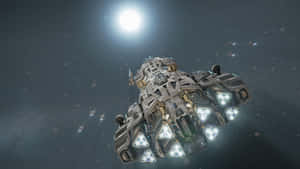 Futuristic spaceship with glowing engines flying through asteroid field near bright sun. — Spaceship Wallpaper