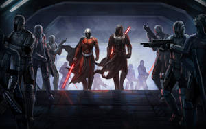 Two Sith Lords with red lightsabers surrounded by armored soldiers in a dark sci-fi chamber. — Sith Wallpaper