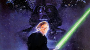 Luke Skywalker wields a green lightsaber facing Darth Vader in space. — Skywalker Wallpaper
