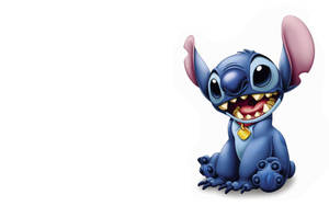 Blue cartoon alien with big ears and gold tag smiling happily. — Stitch Background