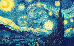 Night sky with swirling stars and a tall cypress tree over a village.