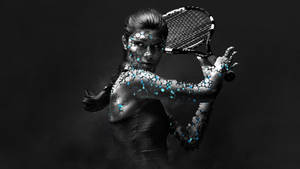 Tennis player with glowing blue molecular design on her skin holding a racket.