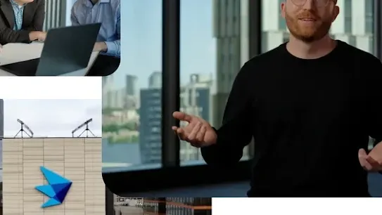 A collage of images featuring a man with glasses and a red beard wearing a black long-sleeve shirt speaking in front of a window with a city skyline in the background
