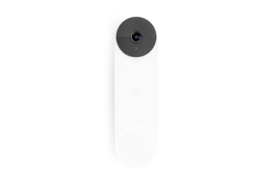 A white, oblong-shaped Nest Doorbell with a camera lens.