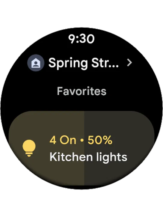 The “favorites” feature of the Google Home app for Wear OS is displayed on the watch. It shows that the Google Home status of the selected location is set to Home and that four lights are on in the kitchen at that location. All four lights can be controlled from the smartwatch and are shown as being set to 50 percent brightness.