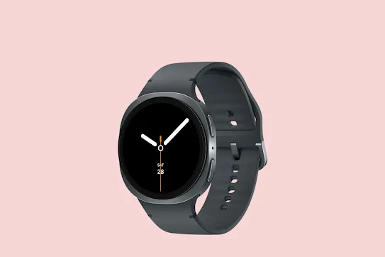 A smartwatch with a black band and white dials on its face.