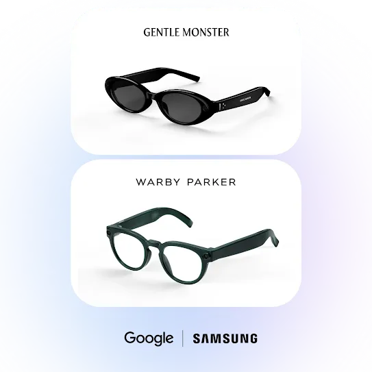 Two AI-powered smart eyewear frames from brands Gentle Monster and Warby Parker illustrate fashionable options for intelligent audio glasses. 
