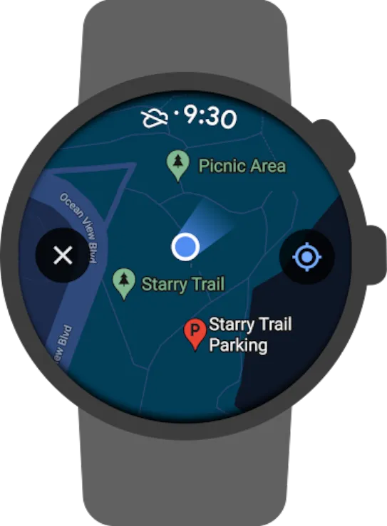 Google Maps on a smartwatch showing a trail map with user location. A cloud icon with a line through it indicates offline functionality.