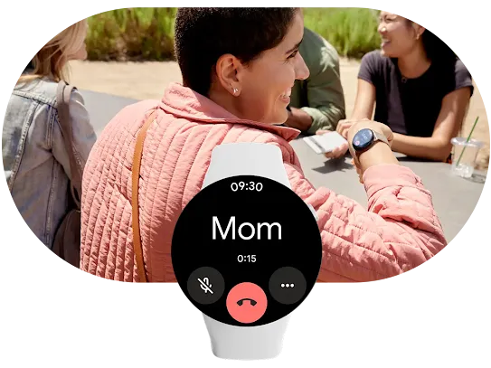 In the foreground, a smartwatch shows an incoming call from Mom. Behind it, a person at a picnic table looks at their watch, having a phone call.
