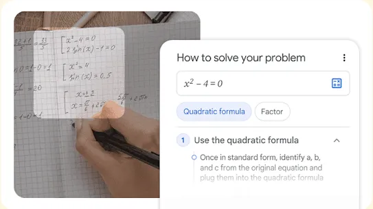 A phone camera highlights a handwritten equation. A Google Lens result appears on the right, providing steps to solve the problem using the quadratic formula.