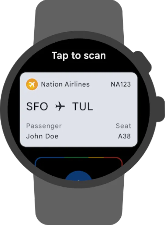 A smartwatch screen showing a flight boarding pass with details including airline name, flight number, departure and arrival airports, passenger name, and seat number. Above the boarding pass is the text "Tap to scan." Below the boarding pass is an option to add a new card or pass.