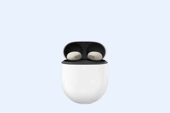 A pair of earbuds with the case open.