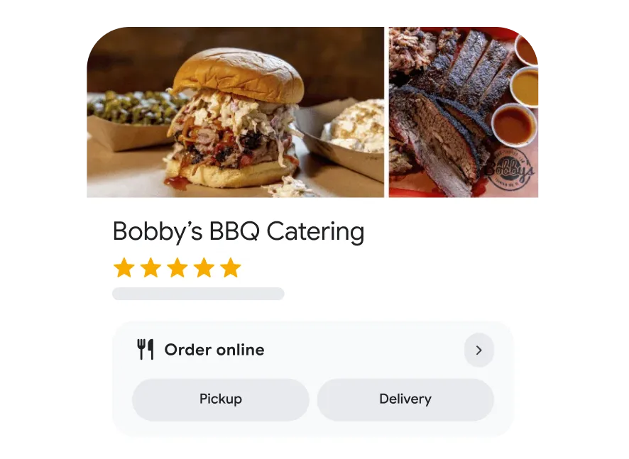 A restaurant’s business profile shows an online ordering with options to click for pick-up and delivery.