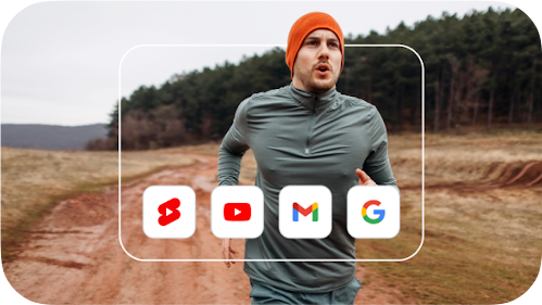 Зображення людини, яка біжить надворі, оточеної значками YouTube, Gmail та Пошуку.