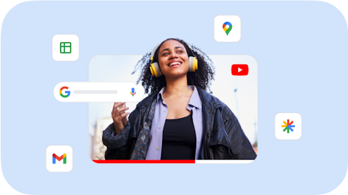 โฆษณาวิดีโอสำหรับหูฟังที่มีไอคอนผลิตภัณฑ์ต่างๆ ของ Google อยู่ล้อมรอบเพื่อแสดงให้เห็นการเข้าถึงของ Performance Max