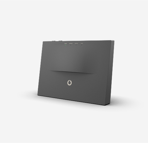 Produktfoto: EasyBox 805. Aufrecht stehender Router in leicht nach links gedrehter Frontansicht, in anthrazit.